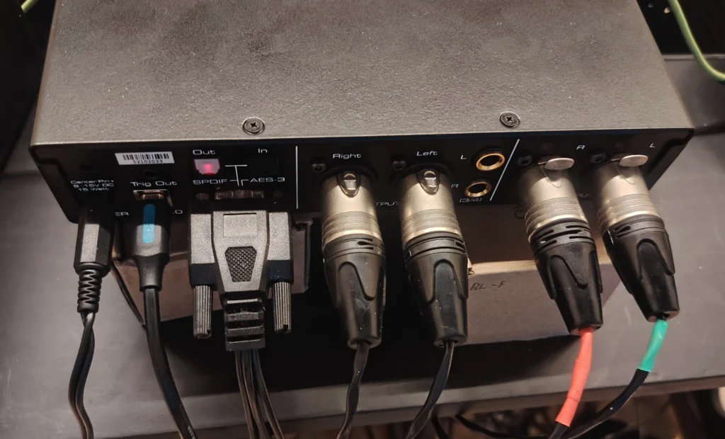 back of an RME ADI2 SE 4 showing xlr in and out and the vga style plug for the digital i/o