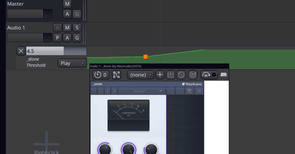 Wes audio dione on Ardour DAW, showing an automation line for the threshold