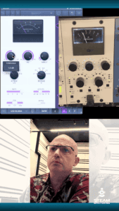 3 way split picture of dione compressor hardware aligned with plugin with same settings and mastering engineer on bottom