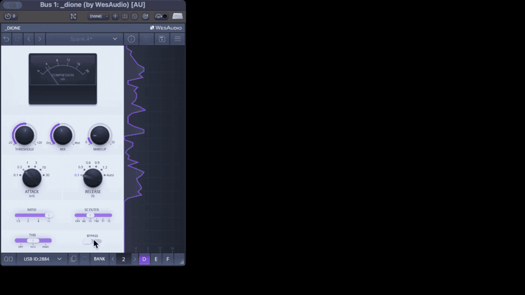 Wes Audio dione plugin showing all parameters and the meter