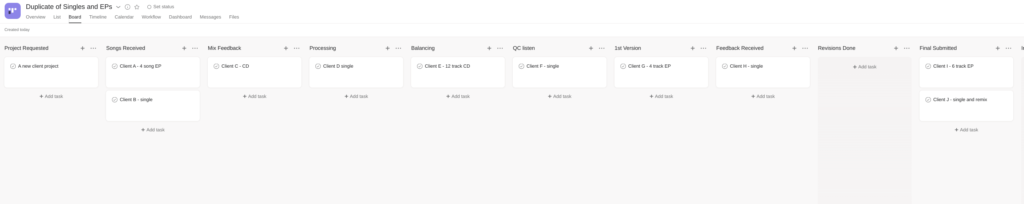 screenshot of asana kanban board showing stages of the proces