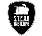 Black shield with a Steam Engine and the words S.T.E.A.M Mastering