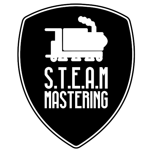 Steam Mastering Logo - black shield with Steam Train engine and words S.T.E.A.M Mastering