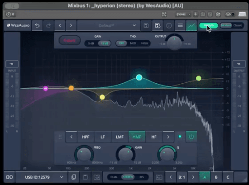 Image of the Wes Audio Hyperion plugin showing a soft High Pass Filter active. with a gentle slop on the left of the screen