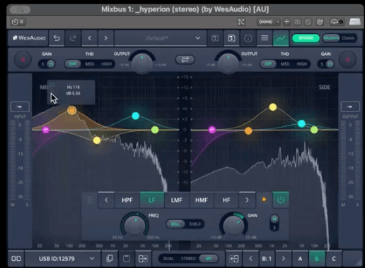 Wes Audio Hyperion showing the plugin in Mid Side mode - with different EQ curves showing for the mid and side channels.