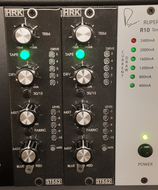 Two HRK-ST-552 analog tape emulators sitting in a Rupert Neve Designs 500 series rac
